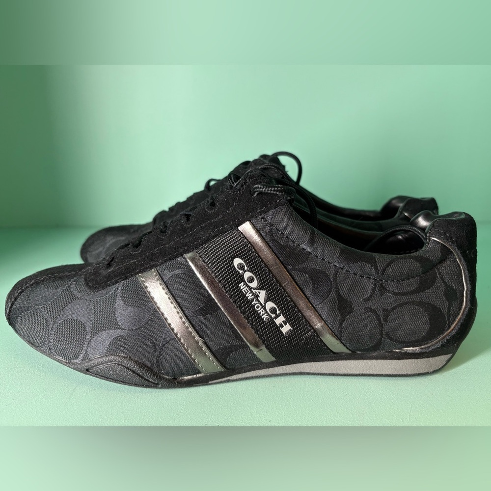 COACH June Lace Up Sneakers Shoes Logo Fabric Suede Leather Black Size 8.5